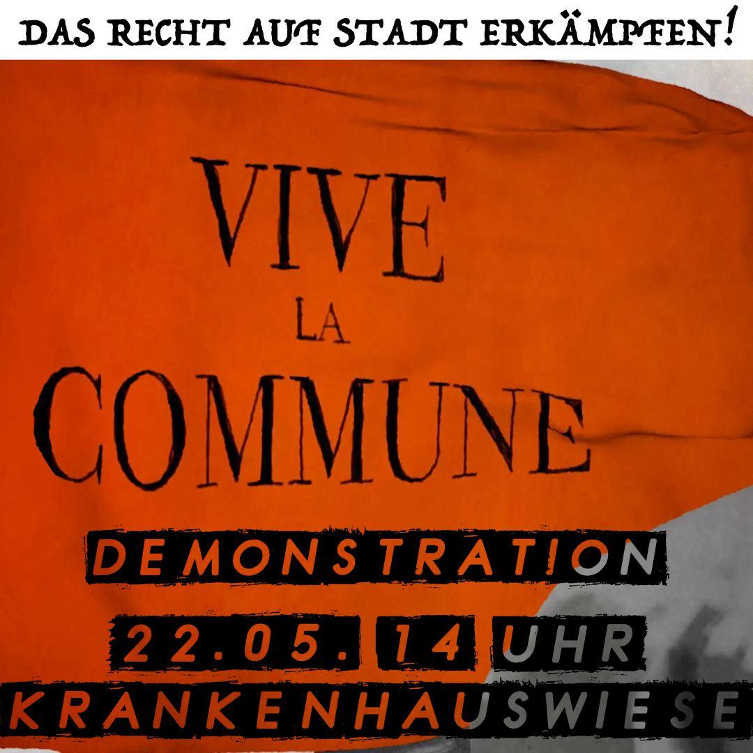 Sharepic Vive la commune Demonstration 22.05. 14 Uhr Krankenauswiese. Schwarzer text auf rotem hintergrund
