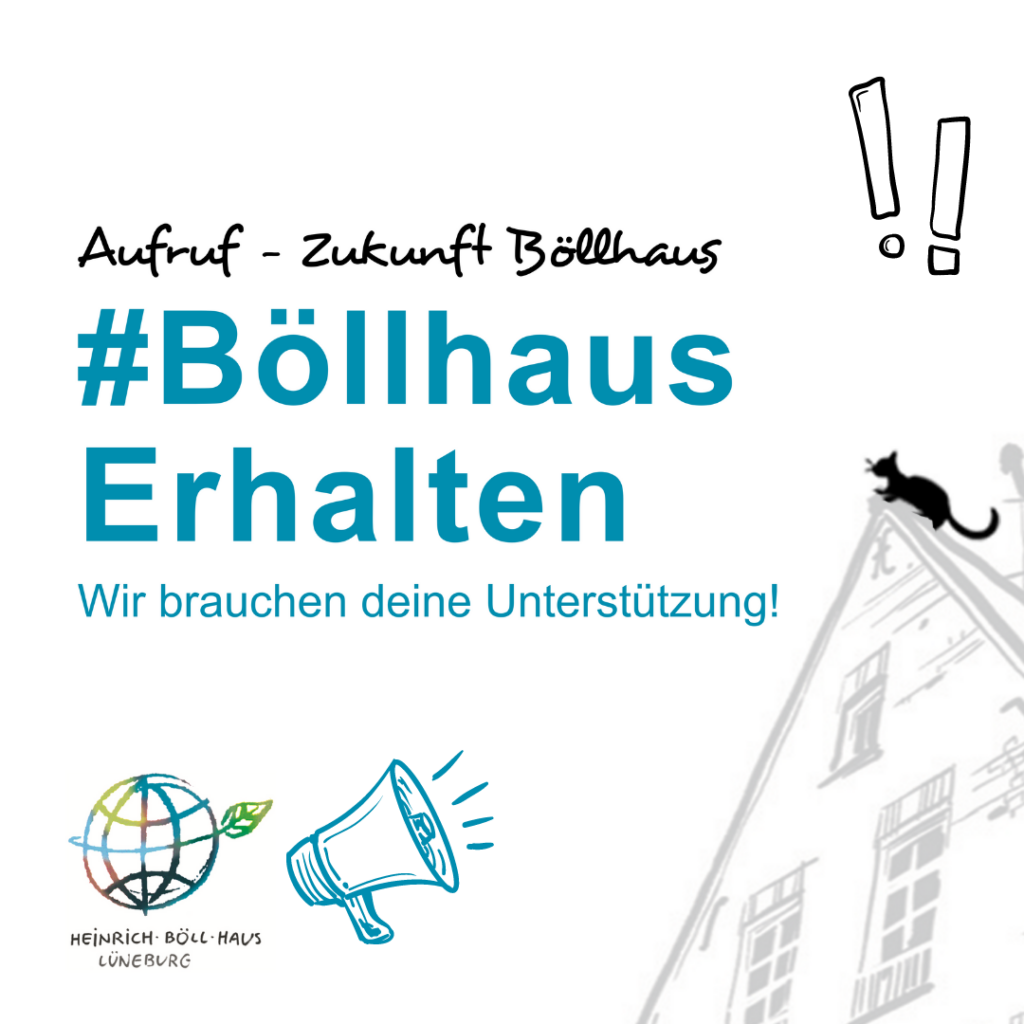 Sharepic Aufruf-Zukunft Böllhaus #Böllhauserhalten wir brauchen deine Unterstützung. Mit Zeichnung eines Hauses mit Katze auf dem Dach eines Hauses, Megafon und Logo vom Böllhaus, eine Art Globus in bunt.