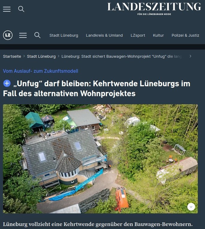 Screenshot eines LZ Artikel zur duldung mit luftbild von Haus mit Baustelle, bauwagen und Garten