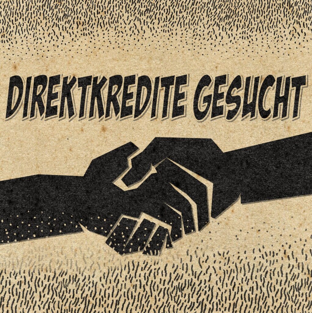sharpic Direktkredite gesucht. Mit zwei schwanrzen Händen, die sich Handschlag geben